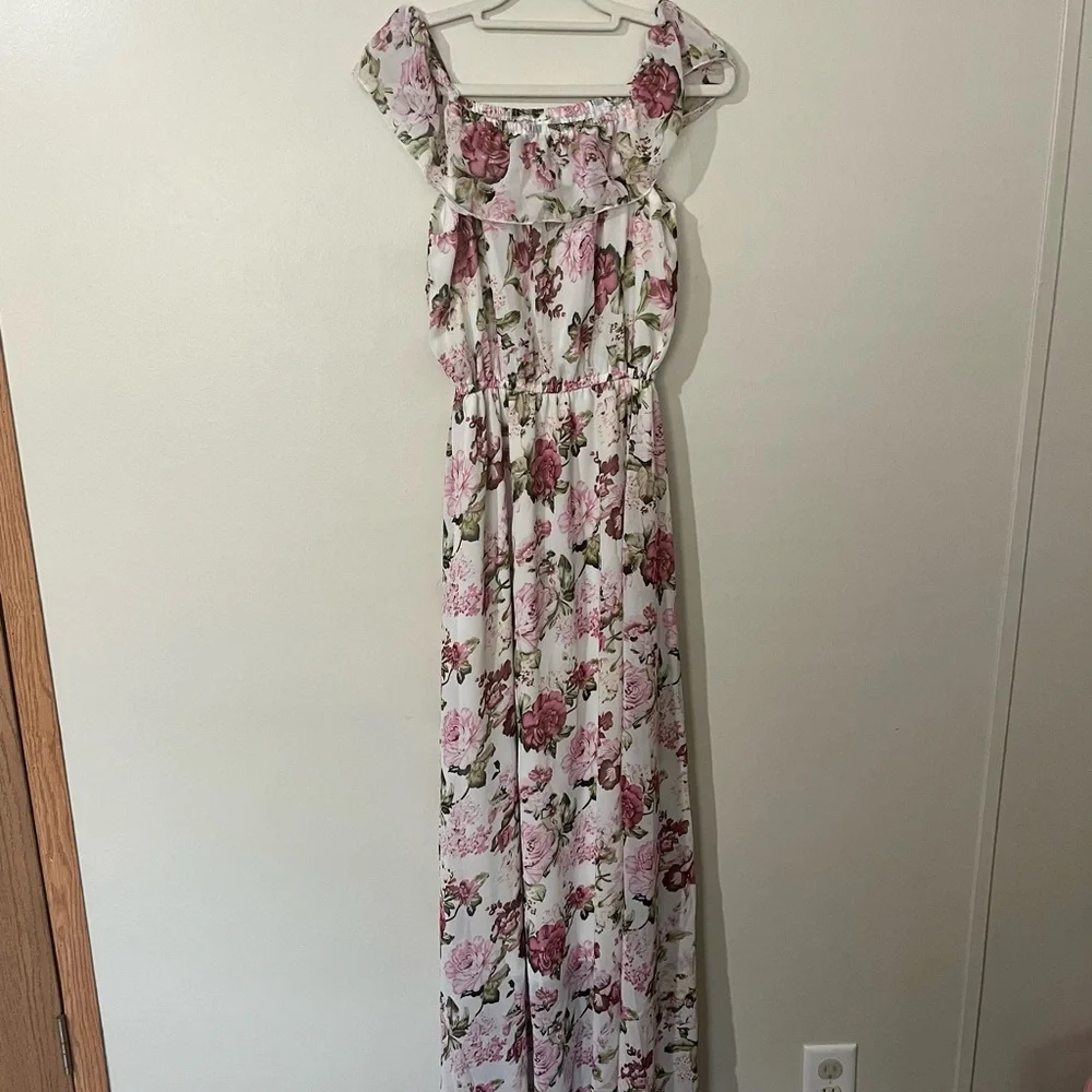Girls White Maxi Dress with Pink Floral Print and Ruffle Neck